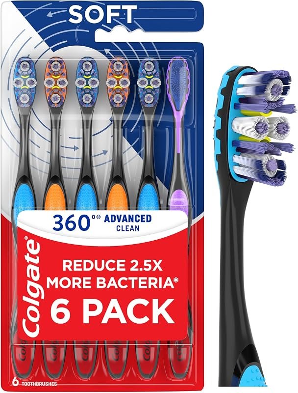 Colgate 360 Advanced Clean Floss Tip Soft Toothbrushes, 6 Pack — Sensitive Gum Toothbrush for sensitive gum toothbrush