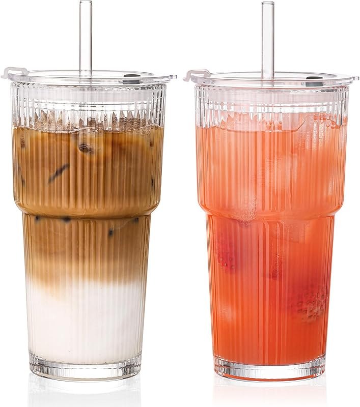 20oz Iced Coffee Cups with Lids, Ribbed Glass Cups with Lids and Straws — Starbucks Bearista Glass Cup for starbucks