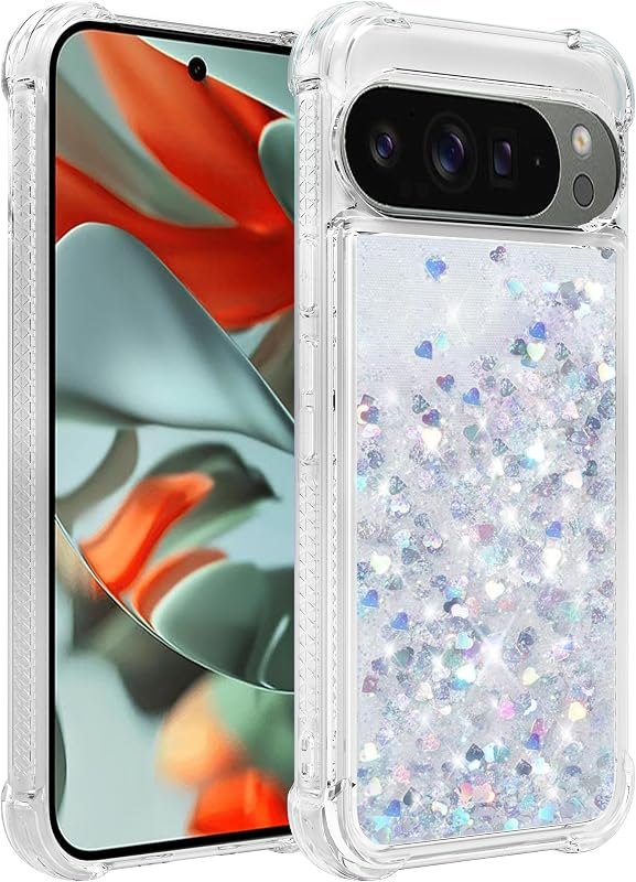 for Google Pixel 10-Pro-XL Case: Clear Glitter Flowing Liquid Quicksand Shockproof Corner Phone Case - Sliver — case