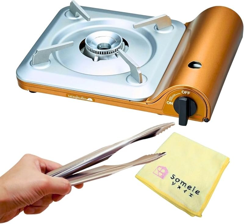Iwatani Portable Butane Stove “Tatsujin” SlimⅤ CB-TS-5 & Stainless Tongs & microfiber towel — portable butane burner