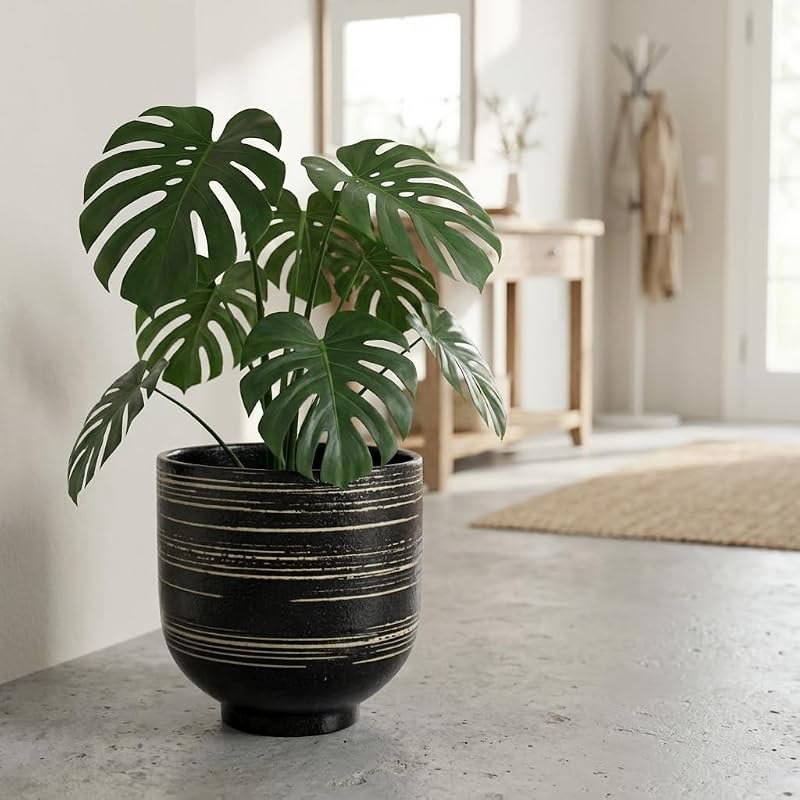 HERDUK Large Black Ceramic Planter for Indoor Trees, Modern Indoor Floor Planter Pot for Olive Trees & Faux Olive