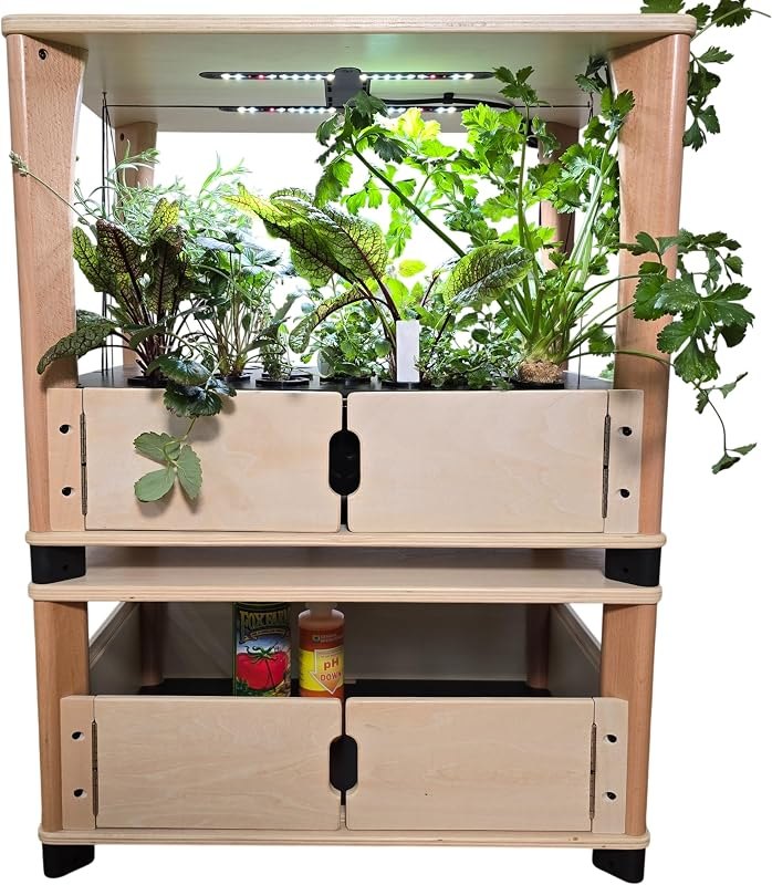 Hydroponics Growing System, Wooden Indoor Herb Garden Kit with LED Light — hydroponics nutrient kits for hydroponics