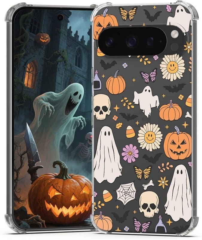 for Google Pixel 9 Pro XL Case Halloween Ghost Pumpkin,Cute Butterfly Spider Web Design Women Girls Shockproof Soft