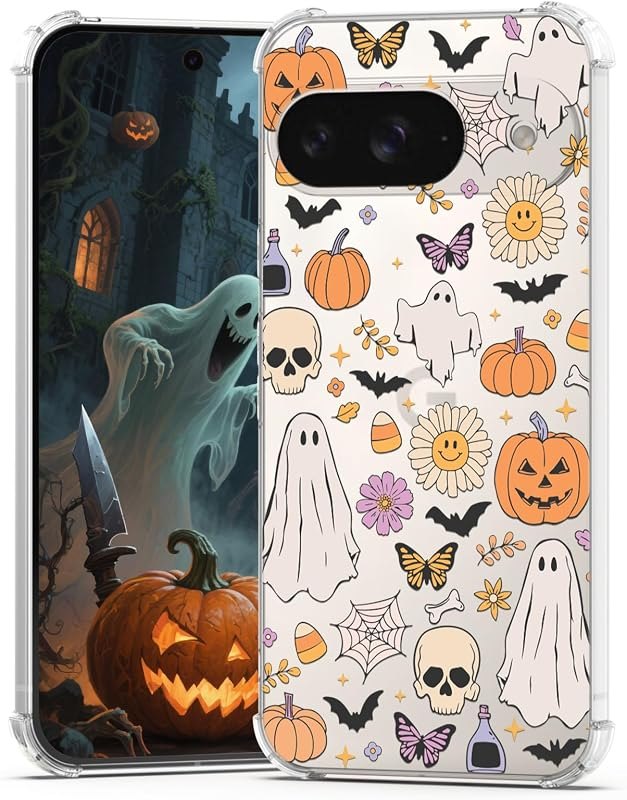 for Google Pixel 9 Case Halloween Ghost Pumpkin,Cute Butterfly Spider Web Design Women Girls Shockproof Soft TPU Cell