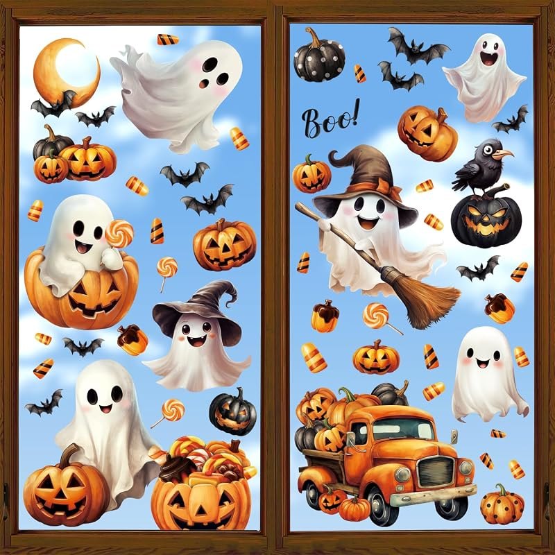 SULOLI 8 Sheet Halloween Window Clings, Ghost Pumpkin Bat Reusable Window Stickers Double Decals for Glass Window