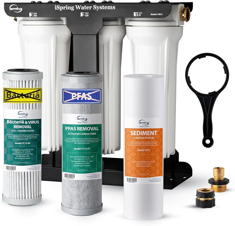 iSpring 3-Stage RV Water Filter System, Removes Over 99% PFAS, Bacteria and Viruses, Reduces Chlorine, Lead, Odor, and