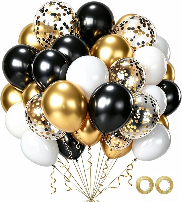 Black White Gold Balloons Set, 50 Pcs 12 inch Black Gold Confetti Balloons Gold White and Black Confetti Balloon for