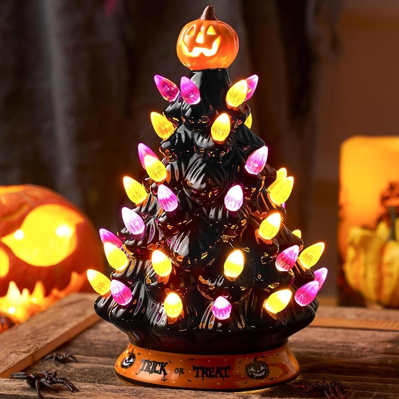 JOYIN 8.5 Inch Halloween Ceramic Tree Black Christmas Tree with Orange Pumpkin Over Multicolor Bulbs LED Light Up