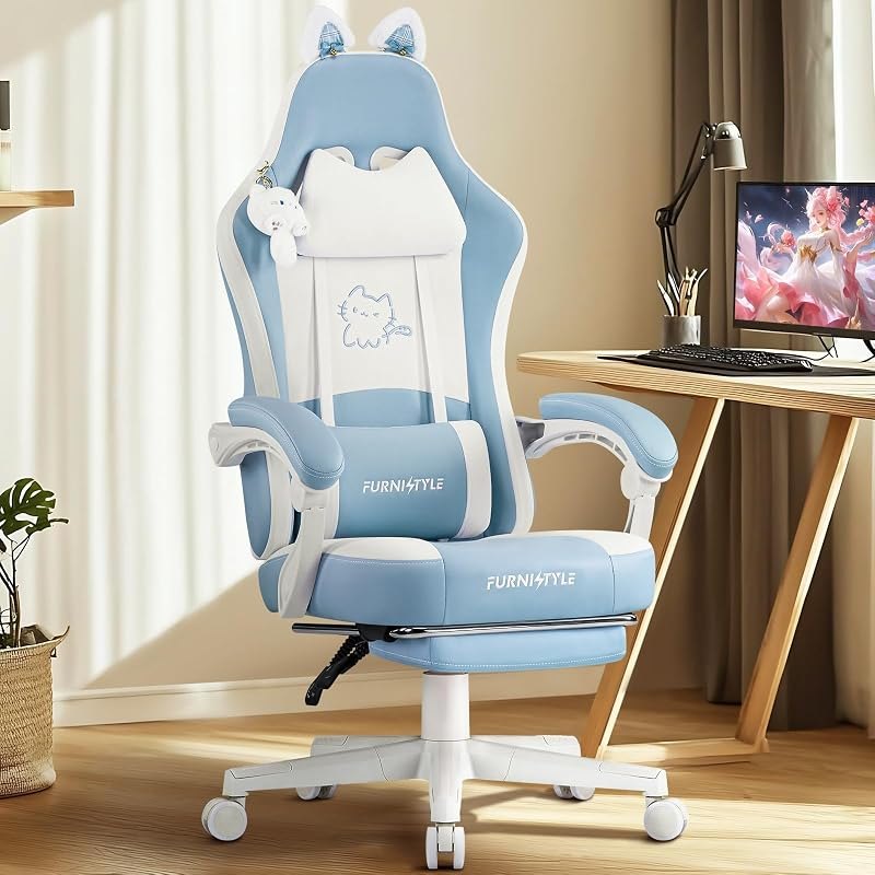 Gaming Chairs, Comfy Video Game Chair for Adults with Cat Ears Pocket Spring Cushion Massage Lumbar Support &