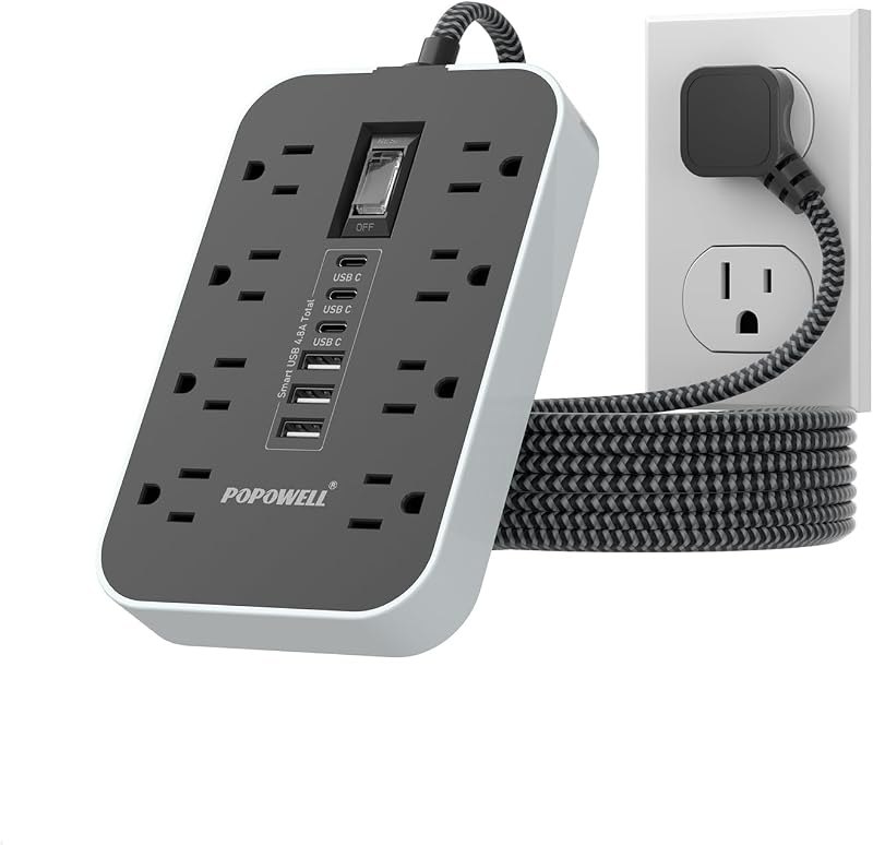 Power Strip Surge Protector- 5FT Flat Plug Extension Cord, 8 AC Outlet& 6 USB Ports(3 USB C), 1080 J Surge Protection
