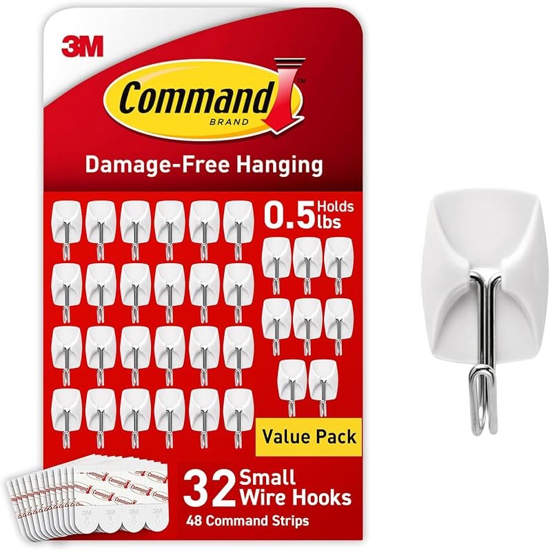 Small Wire Toggle Hooks, 32 Count, and 48 Strips, Damage Free Hanging Wall Hooks with Adhesive Strips, No Tools