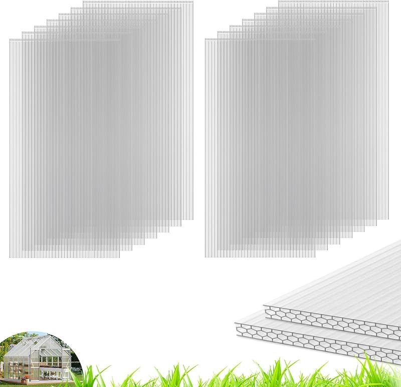 Quibbay 6PCS Polycarbonate Greenhouse Panels, 4' x 2' x 0.32'' Three-layer Honeycomb Panels Polycarbonate Sheet, Clear