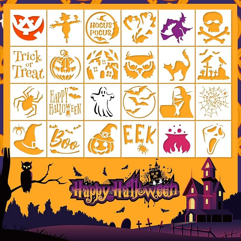 24pcs Reusable Halloween Stencils for Painting - 3x3 Inch Small Templates for Wood, Pumpkins,Windows DIY Fall Crafts