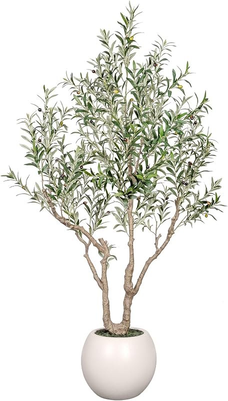 VIVATREES Olive Tree Artificial Indoor, 7FT Tall Faux Olive Tree with 16in Round White Planter, Artificial Plants with