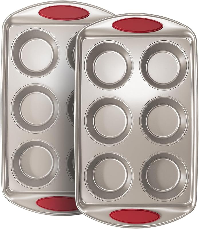 Muffin Pan 6-Cup, 2-Pack Nonstick 6 Tin Cupcake Pan with Silicone Grip Handles, Toaster Oven Baking Supplies Small