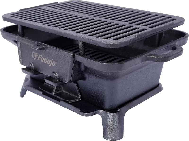 Portable Cast Iron Grills Outdoor, Rectangular Tabletop Charcoal Grill with Skillet, Durable Small Hibachi Griller for