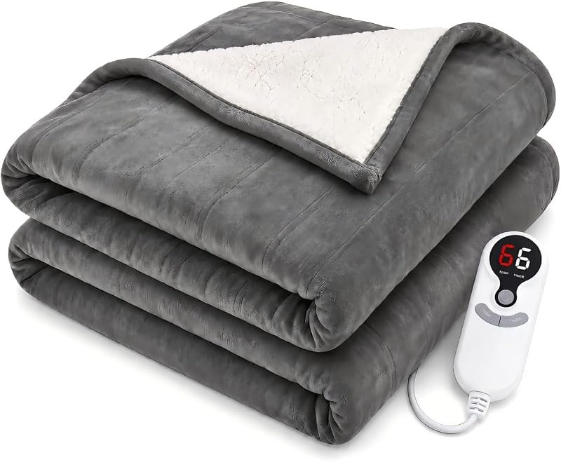 Electric Heated Blanket, Flannel and Sherpa,Full 72x84in,Light Gray,Gift — cotton electric blanket for cotton electric