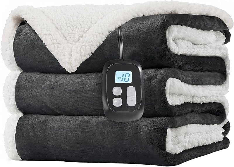 LaffyLo Electric Heated Blanket Full Size 72 x 84, Fast Heating Blanket, Dual-Sided Flannel Sherpa, 10 Heat Settings