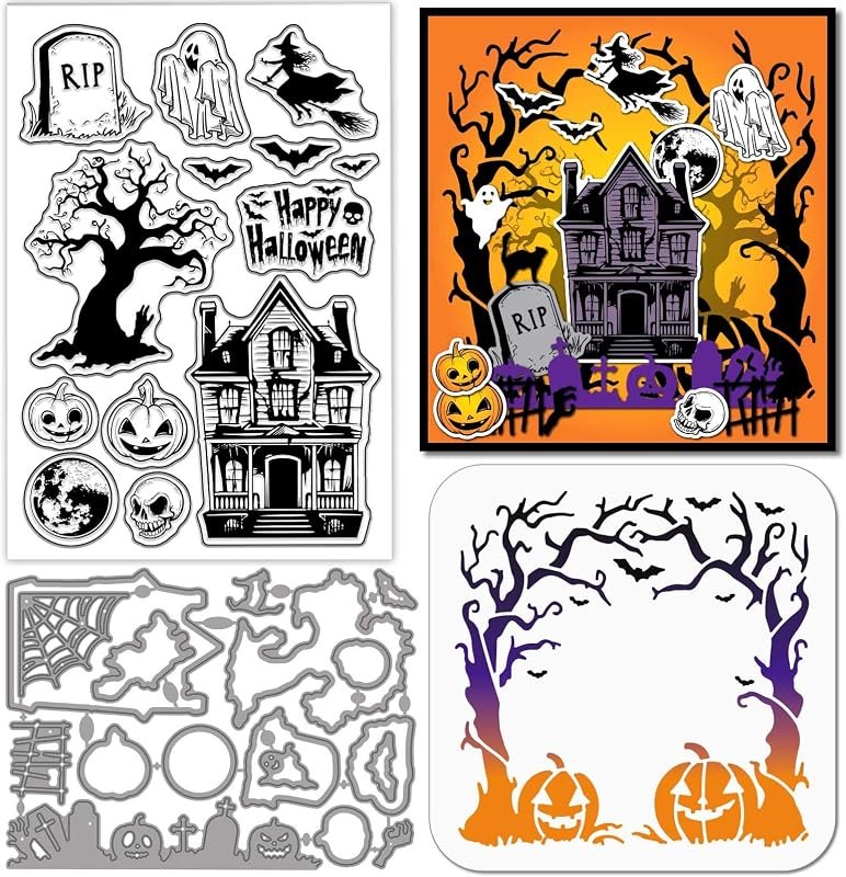 GLOBLELAND Halloween Garden Clear Silicone Stamp Metal Haunted House Cutting Die Cuts Pumpkin Ghosts Paint Craft