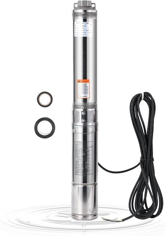 Deep Well Submersible Pump, 1HP 110V/60Hz, 27GPM Flow 204ft Head, with 33ft Electric Cord & Check Valve, 4" Stainless