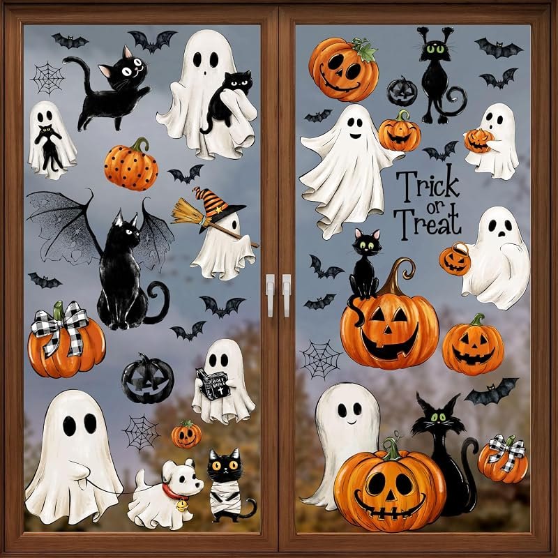 87 PCS Halloween Window Clings Ghost Decals Decor, Vintage Ghost Evil Pumpkin Bat Black Cat Reusable Window Stickers