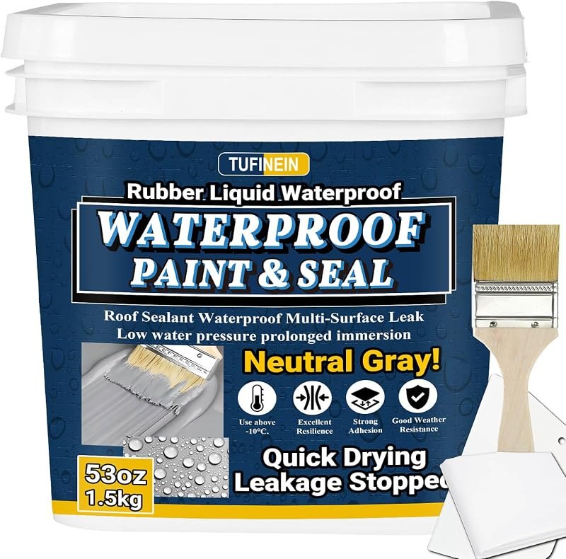 Rubber Liquid Waterproof Sealant, TUFINEIN 53oz/1.5kg Neutral Gray Quick Drying Multi Surface Foundation Leak Repair -