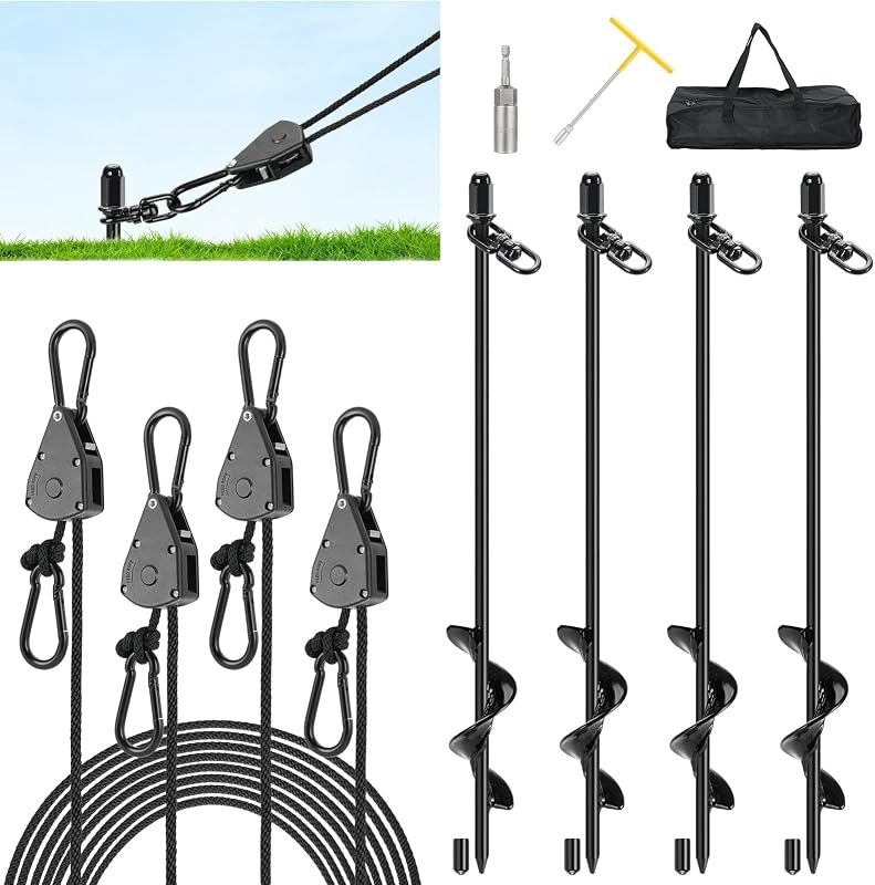 Tinnmao 4-Pack 17.7" Tent Stakes Heavy Duty, with 8" Ratchet Tie Down Straps (1/8" φ) Kit for High Wind, 8mm Solid