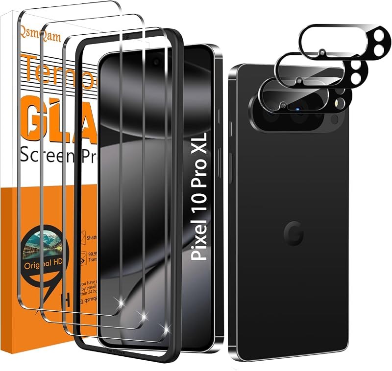 QsmQam 3 Pack Screen Protector for Google Pixel 10 Pro XL + 3 Pack Camera Lens Protector, Ultra HD Tempered Glass, 9H
