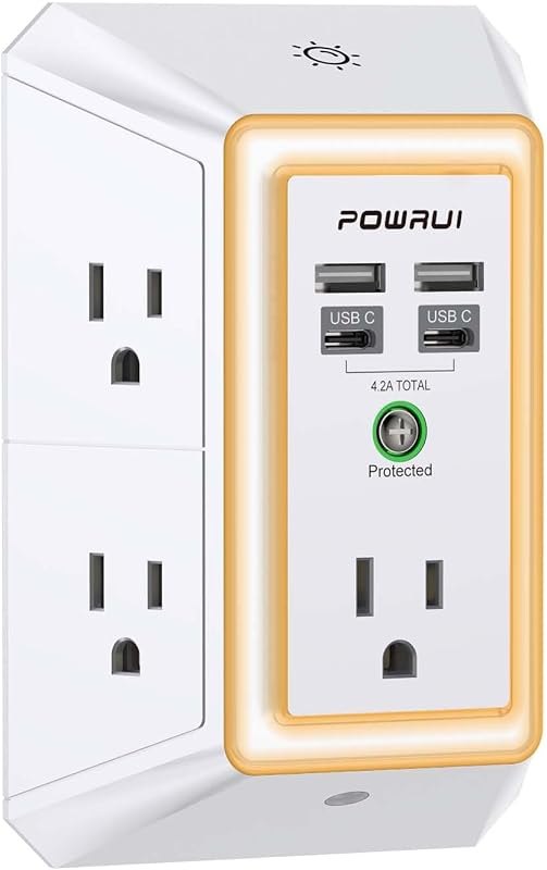 3-Sided Outlet Extender with Night Light - POWRUI Multi Plug Outlet with 5 Outlets and 4 USB Ports(2 USB-C), USB Wall