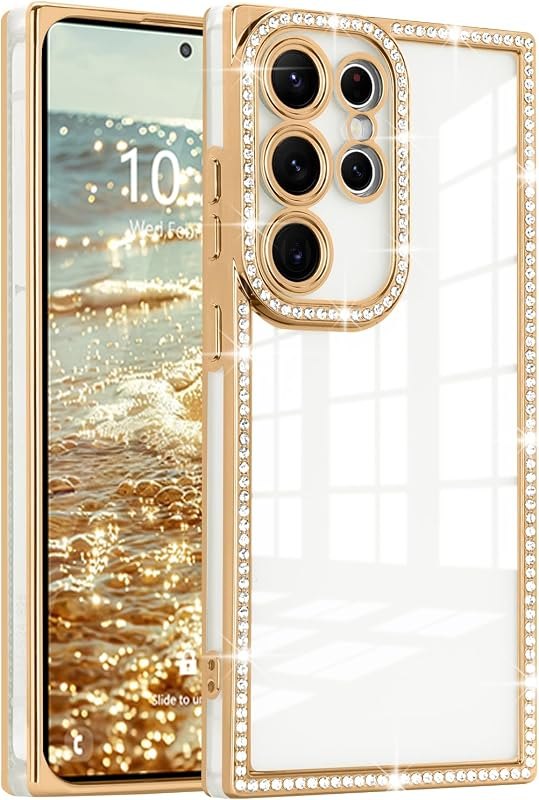 Clear Glitter Phone Case for Samsung Galaxy S24 Ultra, Girl Luxury Sparkly Rhinestones Soft TPU Plating Rectangle Edge
