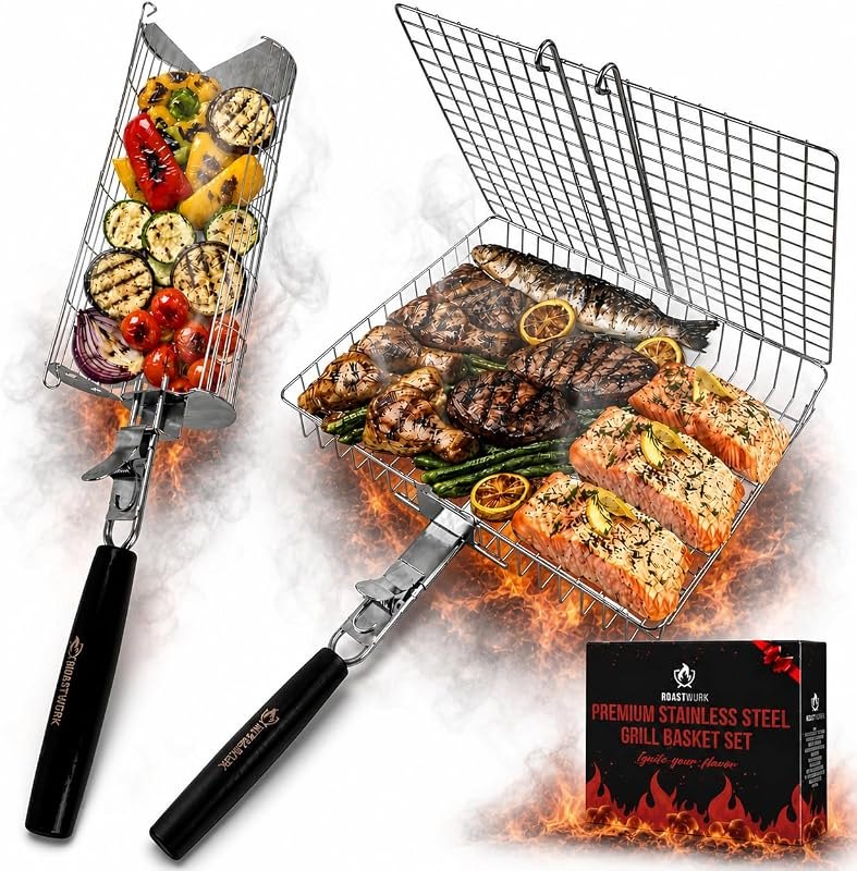 Bbq Grill Basket Set For Meat Fish Vegetables Stainless Steel 304 Barbecue Bbq Grilling Accessories Gifts For Men