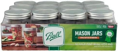 Ball Regular Mouth Mason Jars 8 oz. (12 Pack) - Half Pint Size Jars with Airtight Lids and Bands for Canning