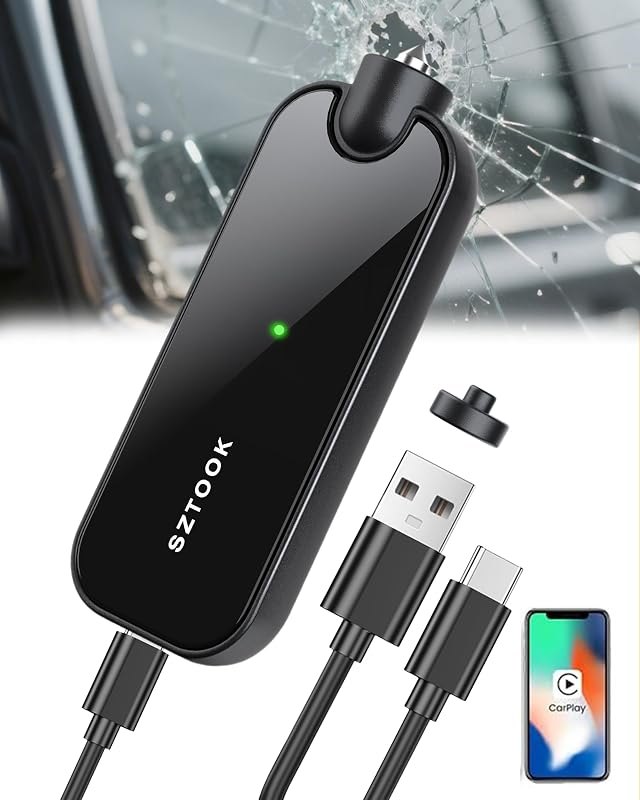 Wireless Carplay Adapter Upgraded Model adds Emergency Escape Window Breaker Function for Apple iPhone iOS 10+ & Cars
