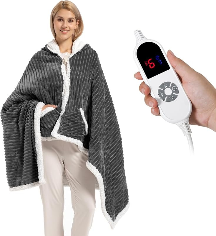 Electric Blanket Heated Throw, Soft Flannel & Sherpa Wearable Heated Blanket Hoodie, Heated Shawl Wraps for Gift with