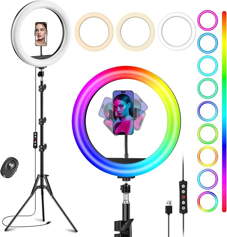 12'' Selfie Ring Light with Stand and Phone Holder, 75" Tripod 96 RGB Mode — 12 inch ring light for inch ring light
