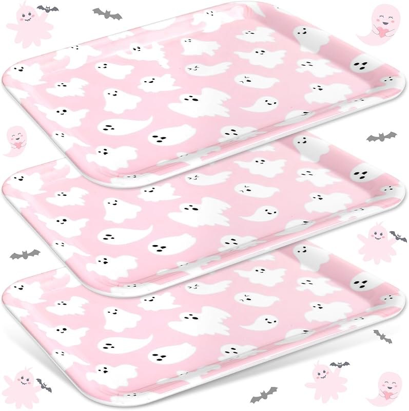 JarThenaAMCS 3Pcs Halloween Serving Trays Pink Ghost Platter Cute Ghost Reusable Serving Dishes for Birthday Baby