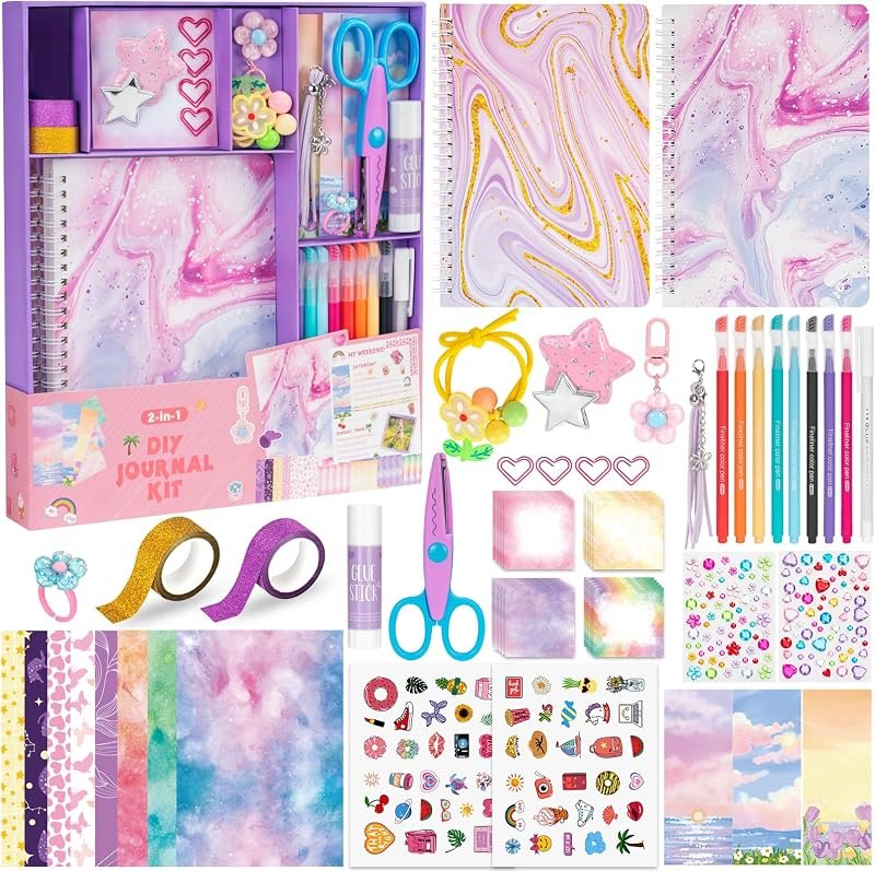 QIYVLOS 2 Pack DIY Journal Kit for Girls, Journaling Diary Toys for Ages 8-13, Arts and Crafts Birthday Stationery Set