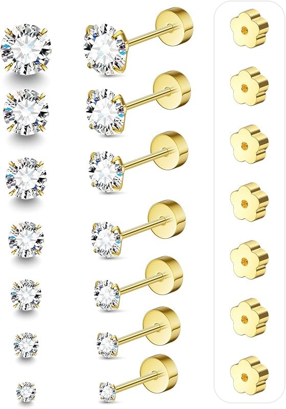 7 Pairs 18G 20G Flat Back Stud Earrings, Hypoallergenic Surgical Steel Set — surgical steel flat back earrings for