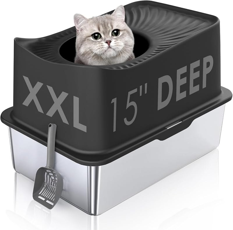 Top Entry Cat Litter Box with Lid, Stainless Steel Extra Large Enclosed Cats Kitty Litter Pan Easy Cleaning, XL Metal