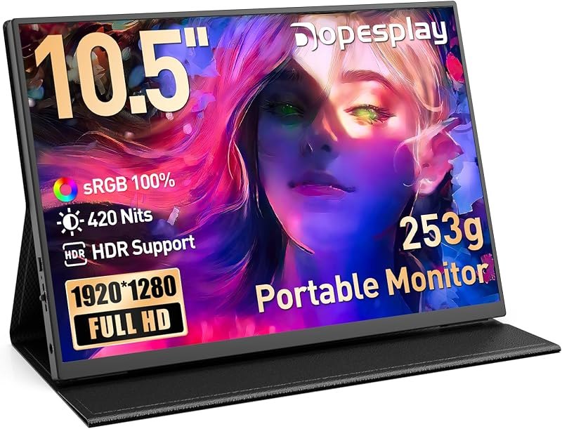 Dopesplay 10.5" Ultra-Thin Travel Portable Monitor with Case, 1280P HDR — 10.1 inch portable monitor for inch portable