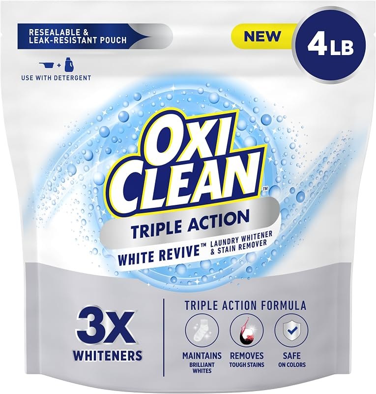 OxiClean Triple Action White Revive Laundry Whitener Powder, 4 lbs — white clothes bleach for white clothes bleach
