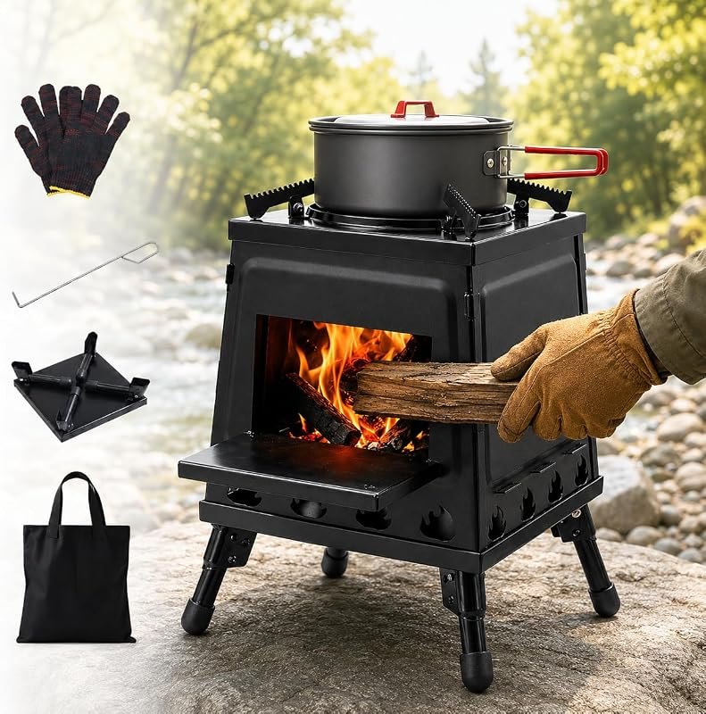 Japard Wood Burning Camp Stove Black Woodstove Foldable with Carrying Bag — homestead wood stove for homestead wood