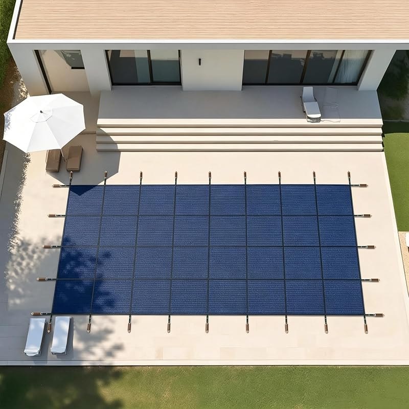 Inground Pool Safety Cover, Fit 16ftx34ft Rectangular Pool, Blue High‑Strength PP Mesh with Double‑Layer Straps Triple