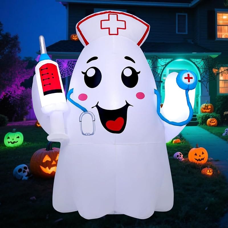 GOOSH 5FT Halloween Inflatables Ghost Outdoor Decoration Blow Up Yard Cute Nurse Ghost with Built-in LEDs for Indoor