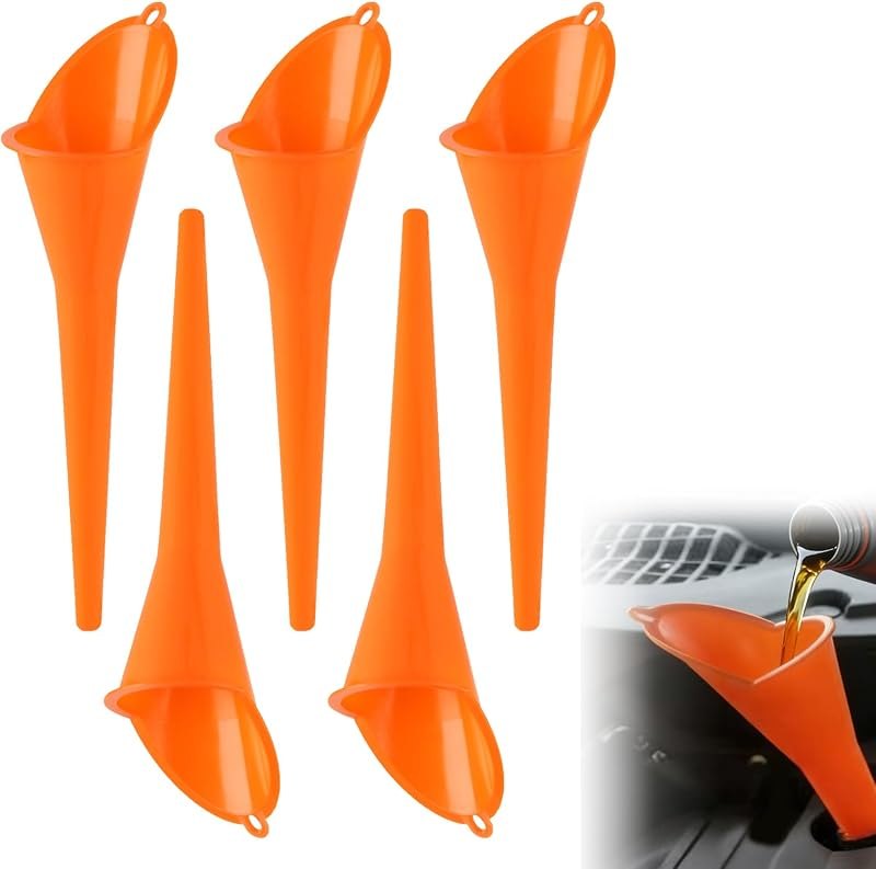 5 Pack Long Neck Oil Funnel for Automotive Oil Change, 11" (Orange) — no spill funnel for spill funnel