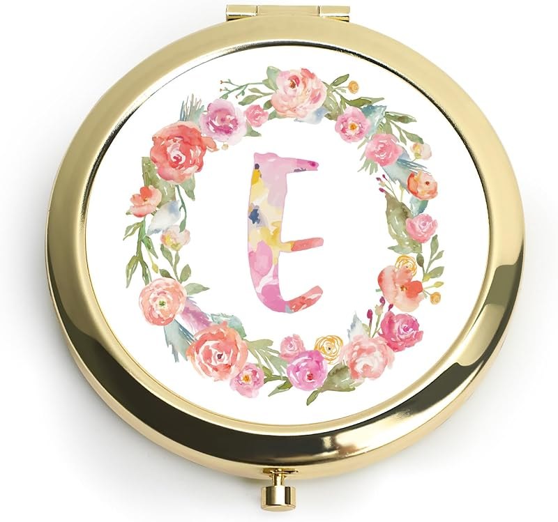 Personalized Gift for Women Girls Her, Custom Gifts for Adult Teen, Floral Monogram Alphabet Initial Compact Mirror