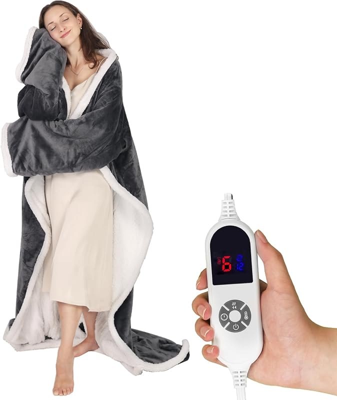 Heated Blanket with Sleeves, Wearable Electric Blanket with Foot Pocket — remote control electric blanket for remote