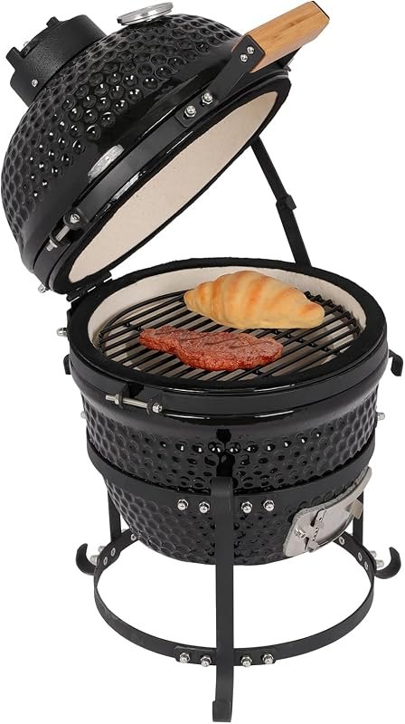 Ceramic Charcoal BBQ Kamado Griller - Portable Small Tabletop Smoker - Round Barbecue Grill and Cooker for Variations