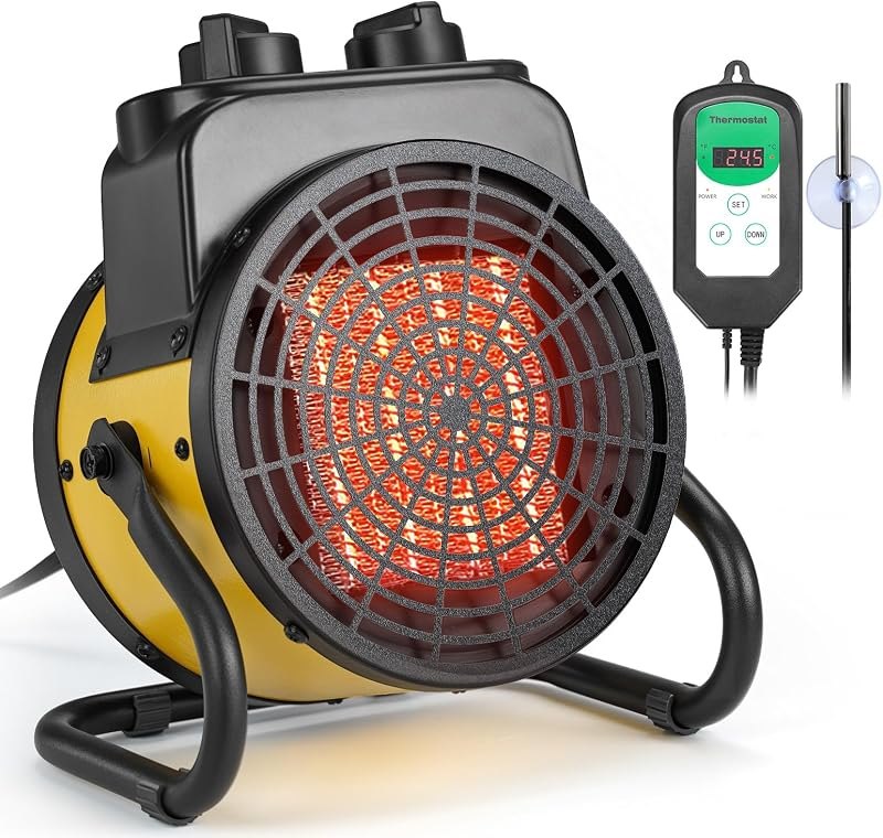 TRUSTECH Greenhouse Heater with Digital Thermostat, 1500W Small Outdoor Space Heater, 3S Heating & 3 Modes, 90° Tilt