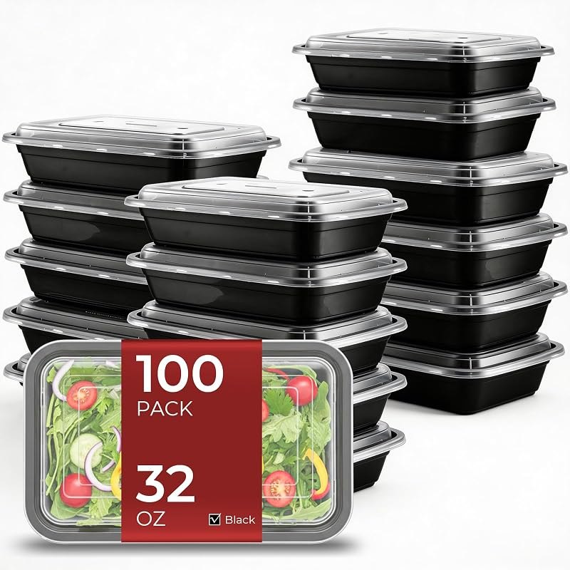 100 Pack (200-Piece) 32 oz Meal Prep Containers with Lids Reusable Food Storage Containers Sturdy Leakproof To Go